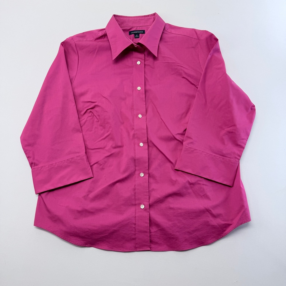 Lands End Womens 18W Magenta Pink 3/4 Sleeve Button Down Shirt Stretch Cotton